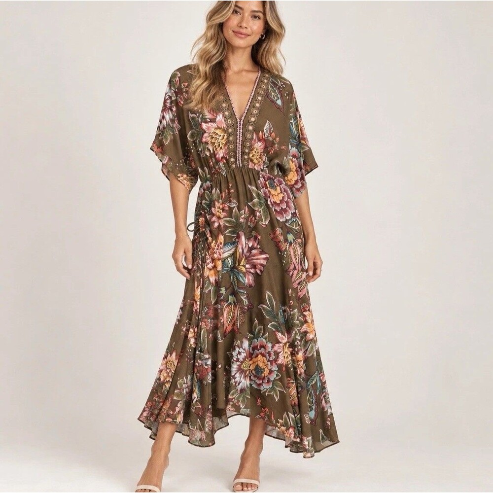 Farm Rio Anthropologie Valentina Floral Maxi Dress M Brown Boho Kimono Sleeve